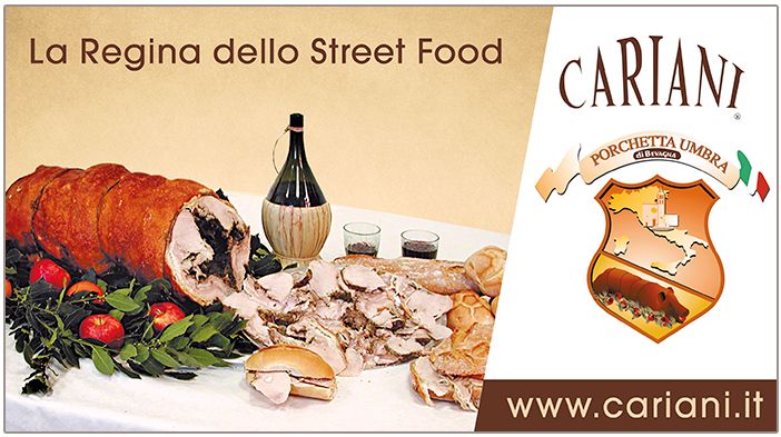 Möchten Sie Bevagna Cariani porchetta essen? Suchen Sie das Cariani-Logo auf den Porchetta-Lieferwagen