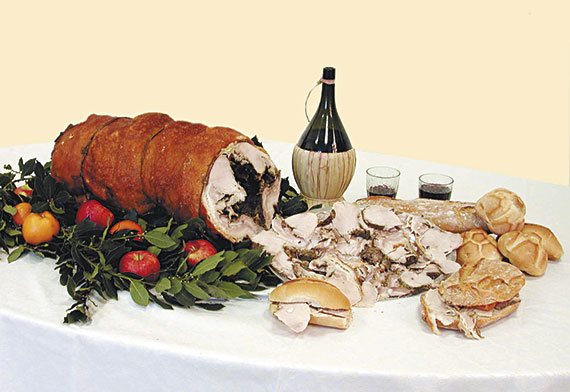 Cariani Porchetta di Bevagna. Traditional sliced roasted pork sandwich called Porchetta sandwich in Umbria Italy